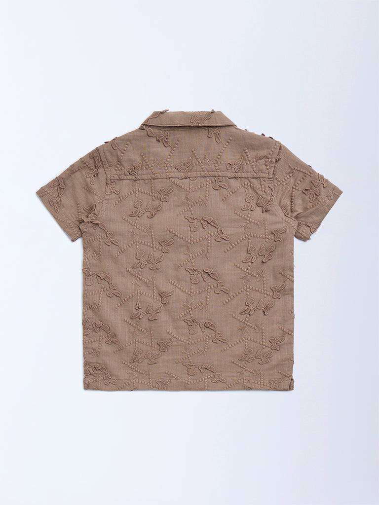 HOP Kids Taupe Floral Embroidered Cotton Shirt