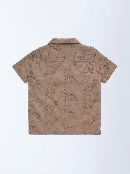HOP Kids Taupe Floral Embroidered Cotton Shirt