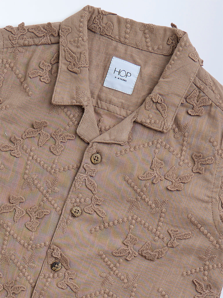 HOP Kids Taupe Floral Embroidered Cotton Shirt