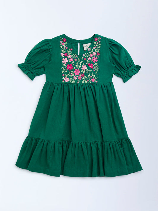 Utsa Kids Sea Green Floral Embroidered Cotton Tiered Dress - (2-8yrs)