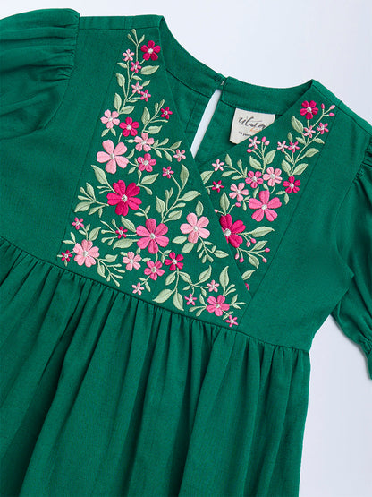 Utsa Kids Sea Green Floral Embroidered Cotton Tiered Dress - (2-8yrs)