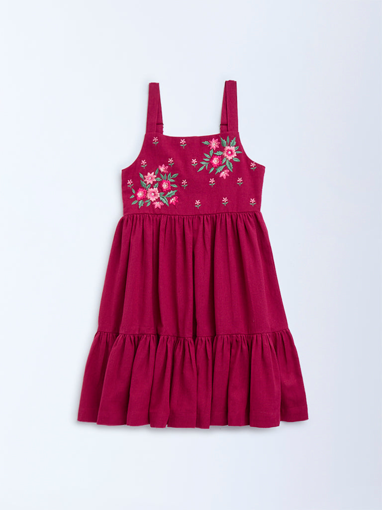 Utsa Kids Magenta Embroidered Cotton-Blend Tiered Dress - (2-8yrs)