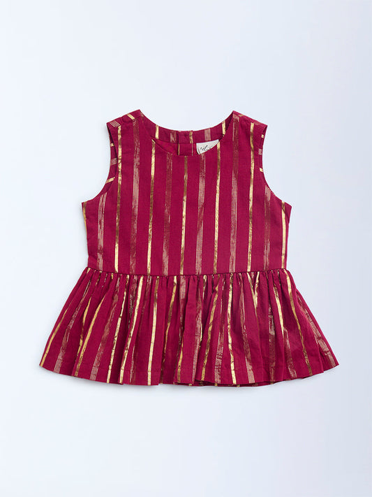 Utsa Kids Red Striped Cotton-Blend Peplum Top - (2-8yrs)