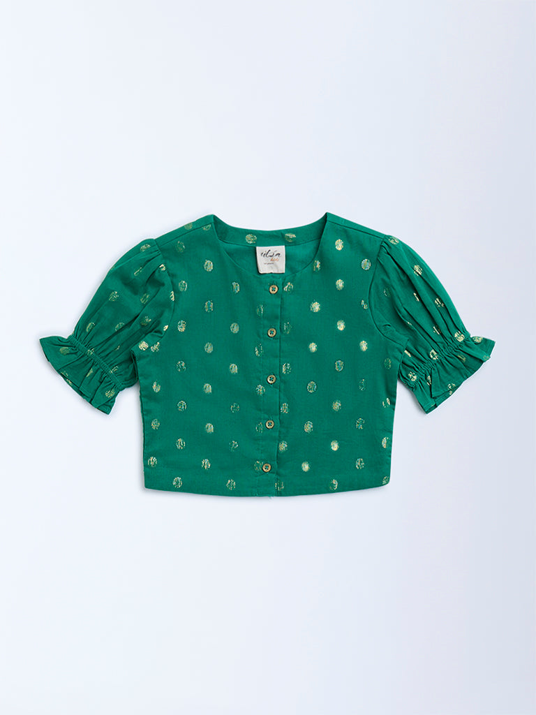 Utsa Kids Green Badla Pattern Cotton-Blend Ethnic Top - (2-8yrs)