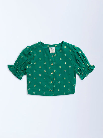 Utsa Kids Green Badla Pattern Cotton-Blend Ethnic Top - (2-8yrs)