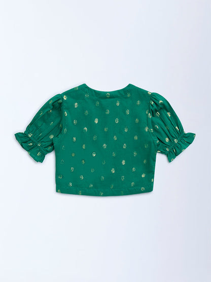Utsa Kids Green Badla Pattern Cotton-Blend Ethnic Top - (2-8yrs)