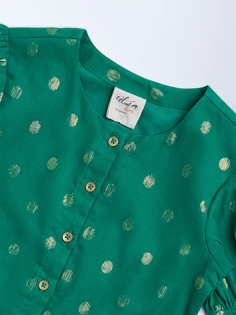Utsa Kids Green Badla Pattern Cotton-Blend Ethnic Top - (2-8yrs)