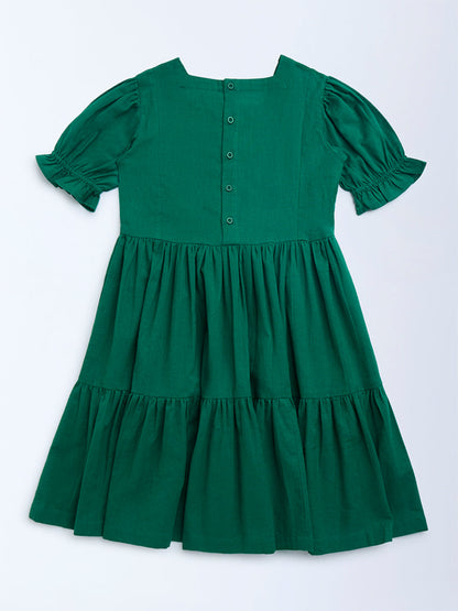 Utsa Kids Sea Green Floral Embroidered Cotton Tiered Dress - (8-14yrs)