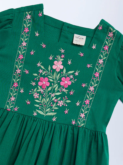 Utsa Kids Sea Green Floral Embroidered Cotton Tiered Dress - (8-14yrs)