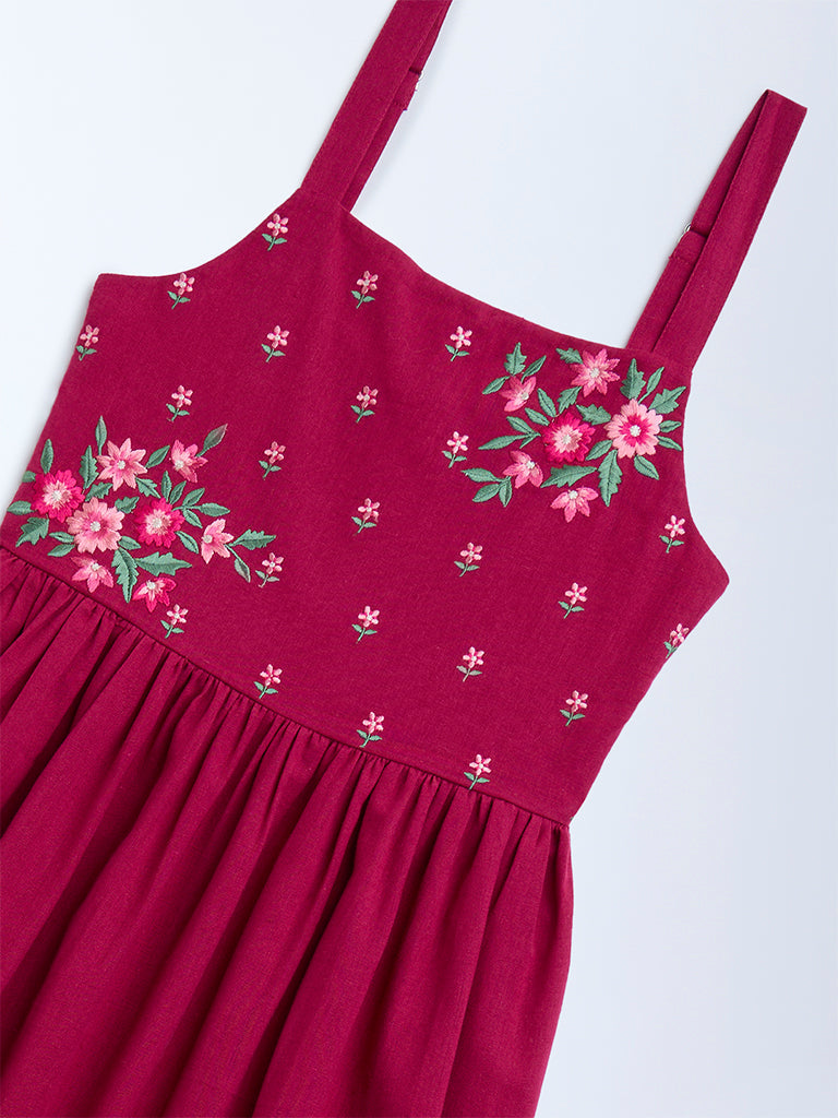 Utsa Kids Magenta Embroidered Cotton-Blend Tiered Dress - (8-14yrs)