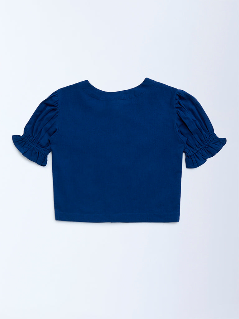 Utsa Kids Navy Floral Embroidered Cotton-Blend Ethnic Top - (8-14yrs)