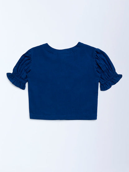 Utsa Kids Navy Floral Embroidered Cotton-Blend Ethnic Top - (8-14yrs)