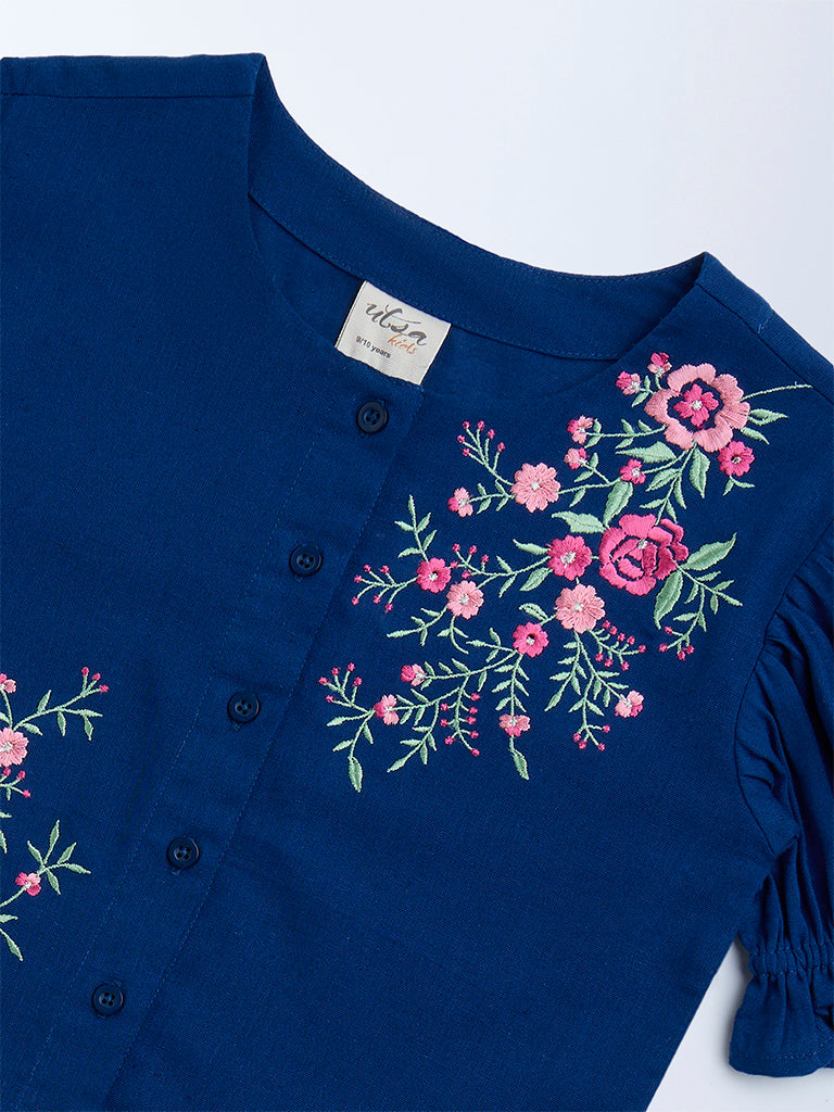 Utsa Kids Navy Floral Embroidered Cotton-Blend Ethnic Top - (8-14yrs)