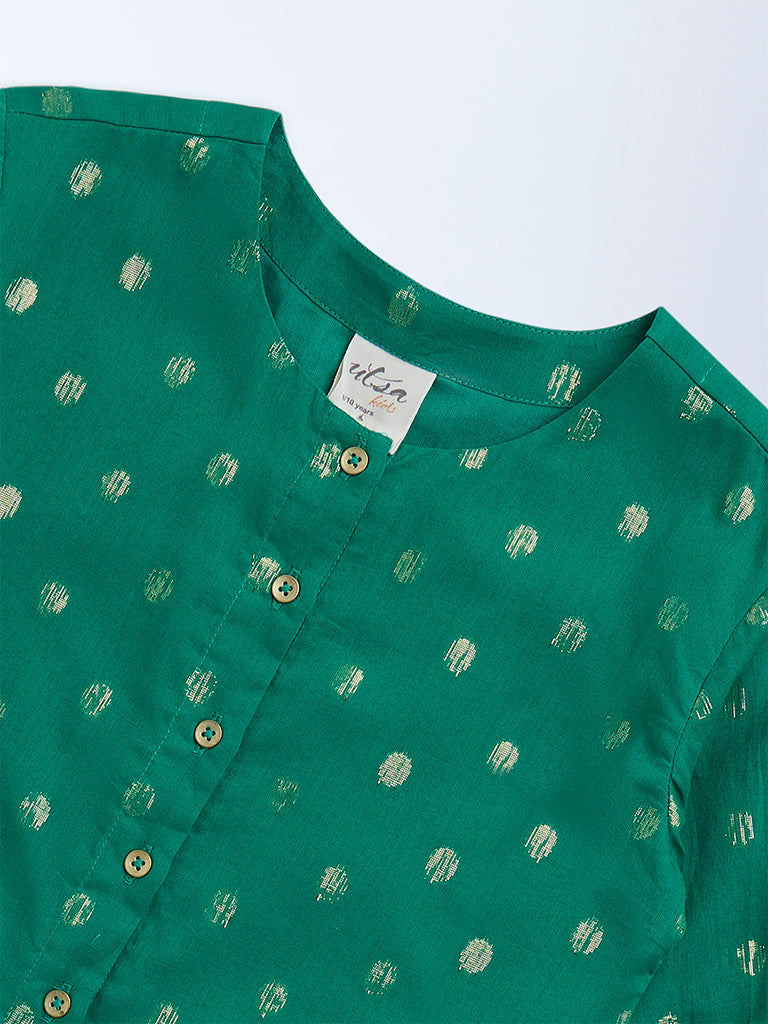 Utsa Kids Green Badla Pattern Cotton-Blend Ethnic Top - (8-14yrs)