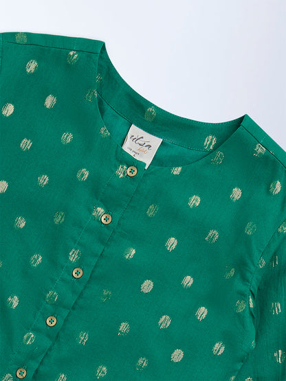 Utsa Kids Green Badla Pattern Cotton-Blend Ethnic Top - (8-14yrs)