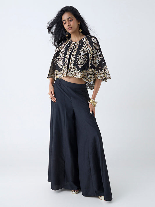 Vark Black Floral Embroidered Cotton-Blend Ethnic Set