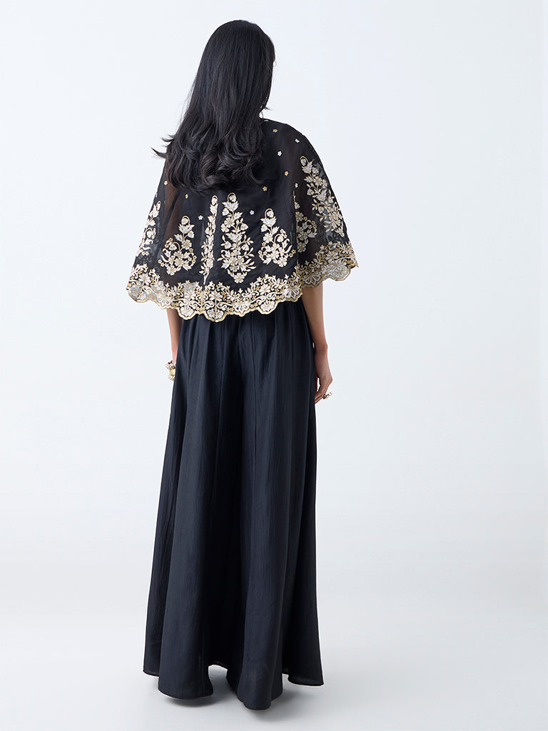 Vark Black Floral Embroidered Cotton-Blend Ethnic Set