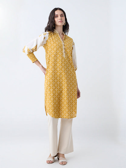 Utsa Yellow Floral Printed Straight Cotton Kurta
