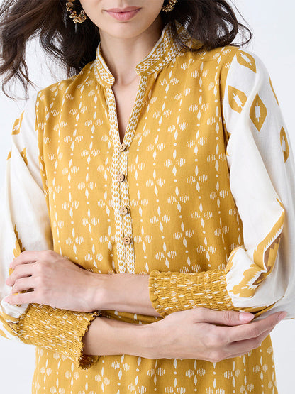 Utsa Yellow Floral Printed Straight Cotton Kurta
