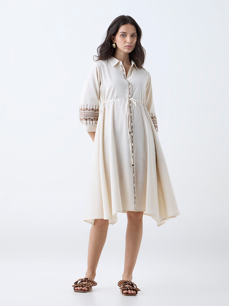 Utsa Cream Embroidered Cotton Shirt Dress