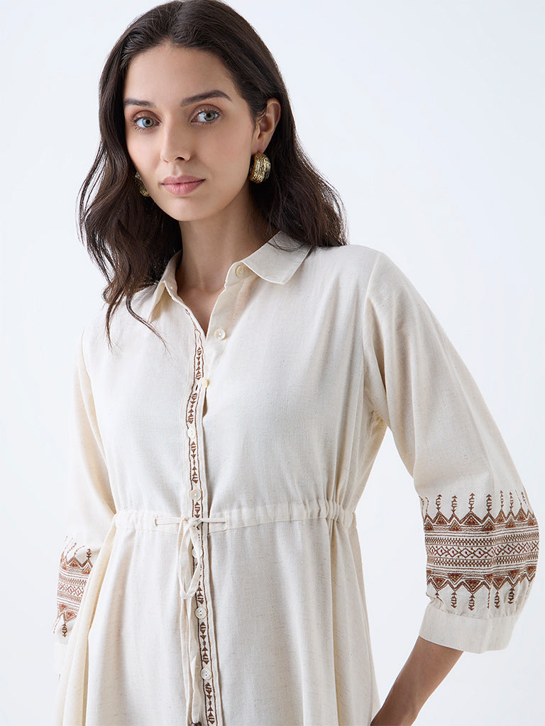 Utsa Cream Embroidered Cotton Shirt Dress