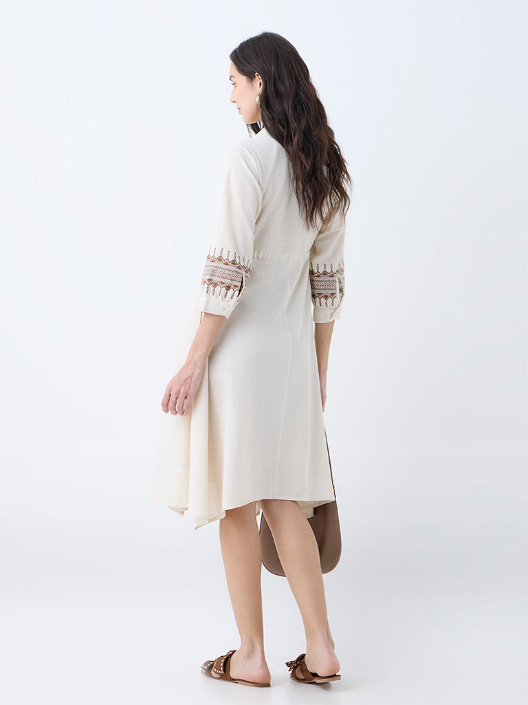 Utsa Cream Embroidered Cotton Shirt Dress