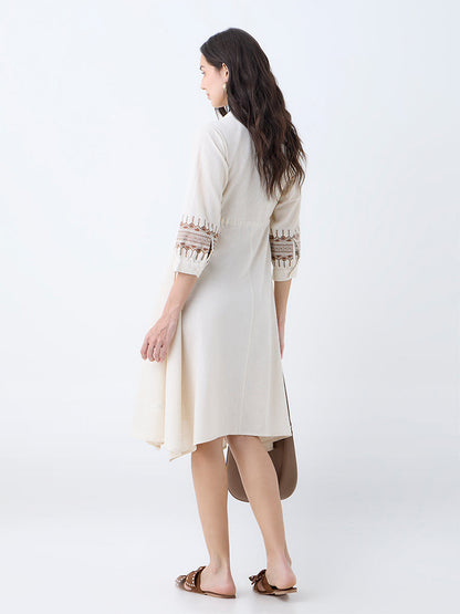 Utsa Cream Embroidered Cotton Shirt Dress