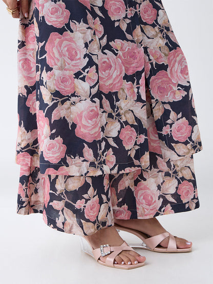 Zuba Black Floral Pattern Palazzos
