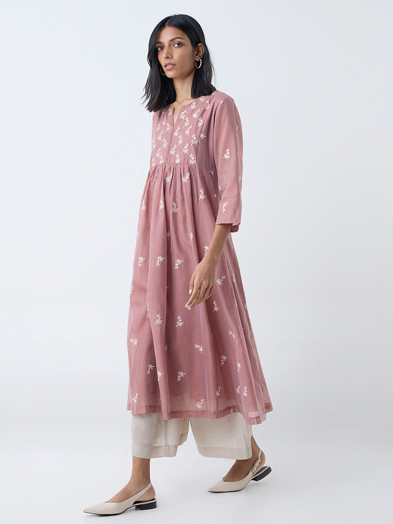 Zuba Dusty Pink Floral Embroidered Anarkali Kurta