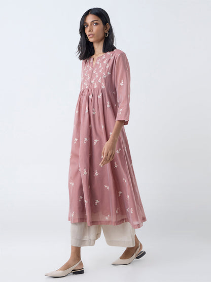 Zuba Dusty Pink Floral Embroidered Anarkali Kurta
