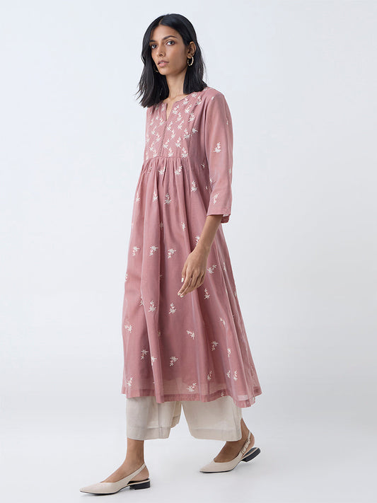 Zuba Dusty Pink Floral Embroidered Anarkali Kurta