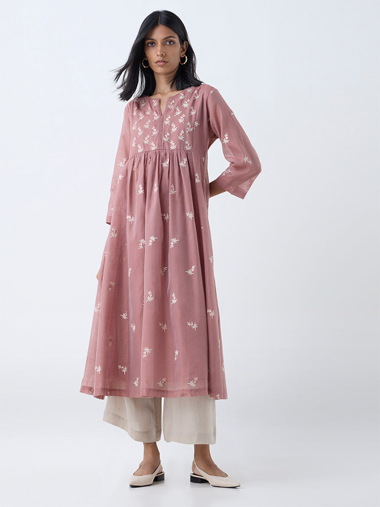 Zuba Dusty Pink Floral Embroidered Anarkali Kurta