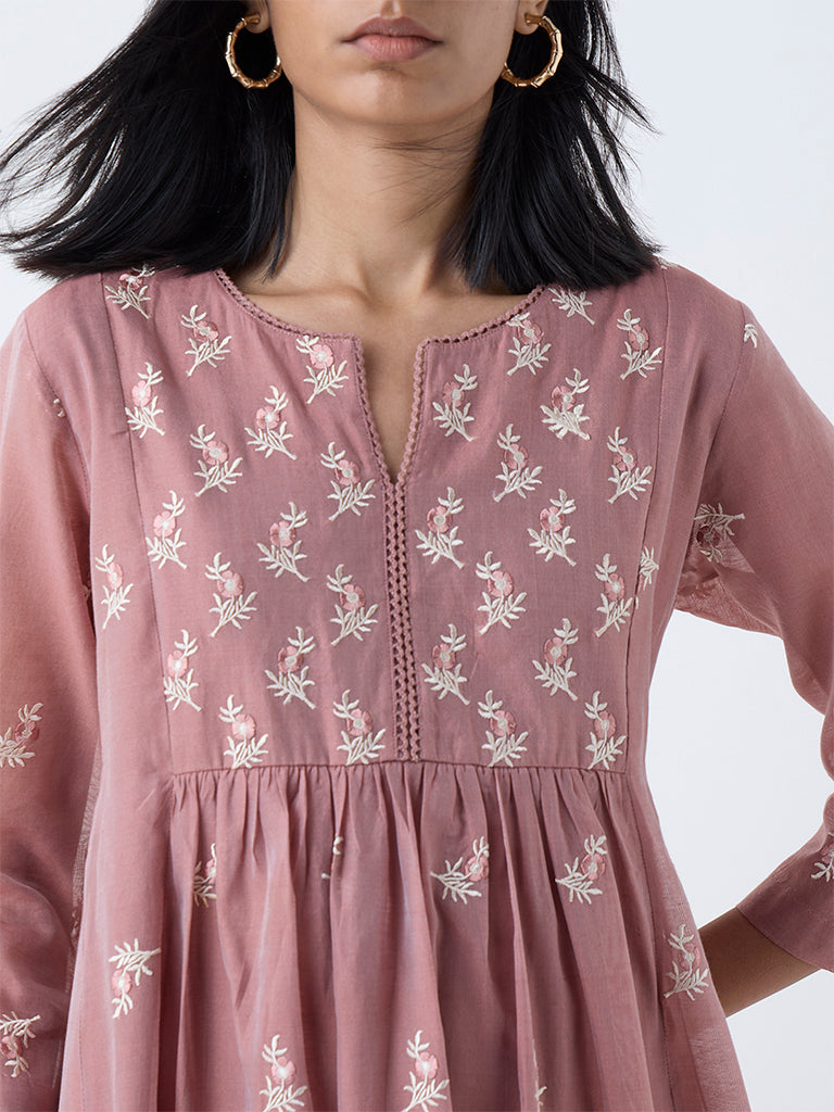 Zuba Dusty Pink Floral Embroidered Anarkali Kurta