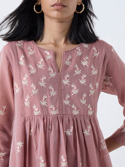 Zuba Dusty Pink Floral Embroidered Anarkali Kurta