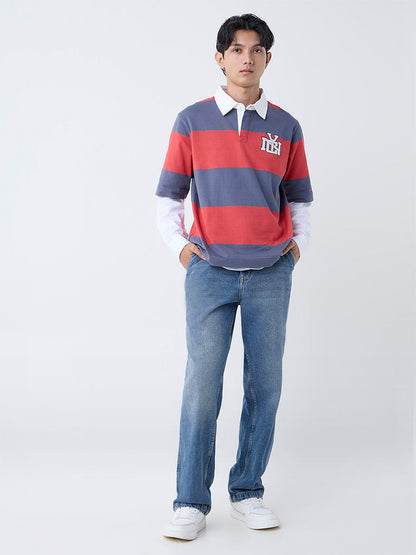 Nuon Red Striped Relaxed-Fit Cotton Polo T-Shirt