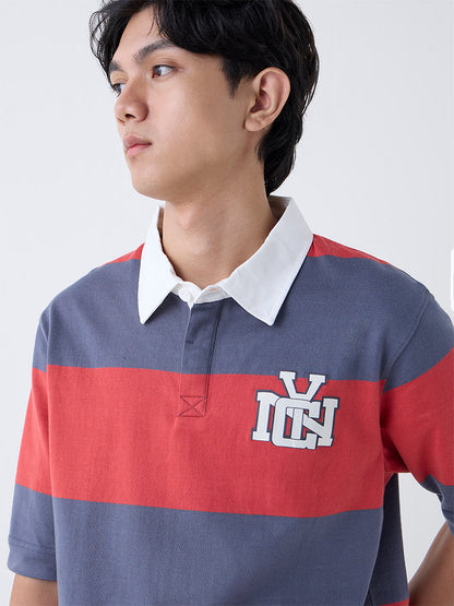Nuon Red Striped Relaxed-Fit Cotton Polo T-Shirt