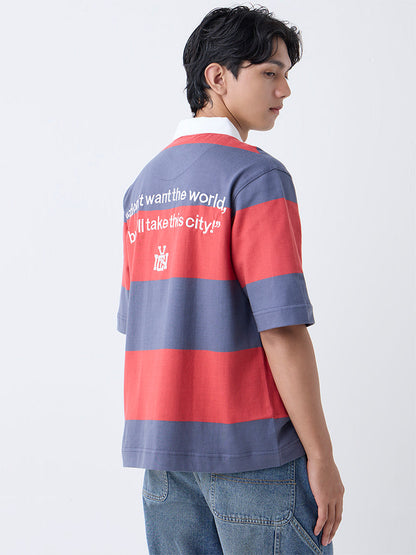 Nuon Red Striped Relaxed-Fit Cotton Polo T-Shirt