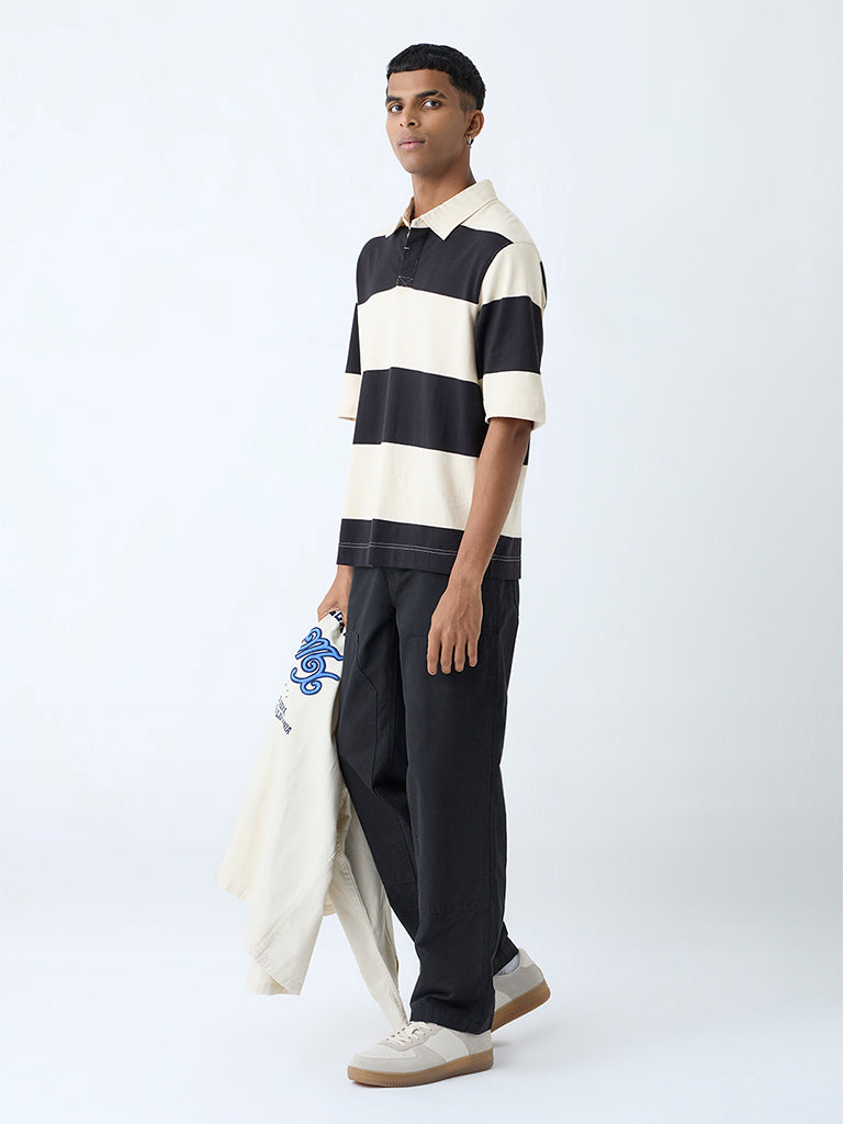 Nuon Off-White Striped Relaxed-Fit Cotton Polo T-Shirt