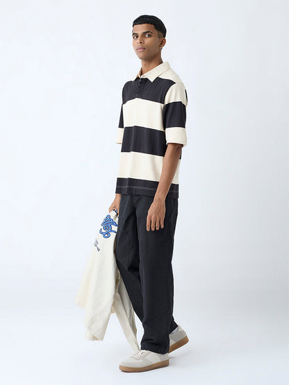 Nuon Off-White Striped Relaxed-Fit Cotton Polo T-Shirt