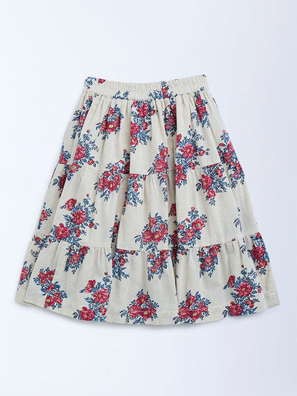 Utsa Kids Off-White Floral Tiered Cotton-Blend Skirt - (2-8yrs)