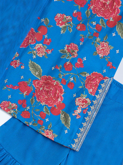 Utsa Kids Blue Floral Pattern Straight Ethnic Set - (2-8yrs)