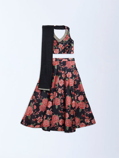 Utsa Kids Black Floral Embroidered Ethnic Set - (2-8yrs)