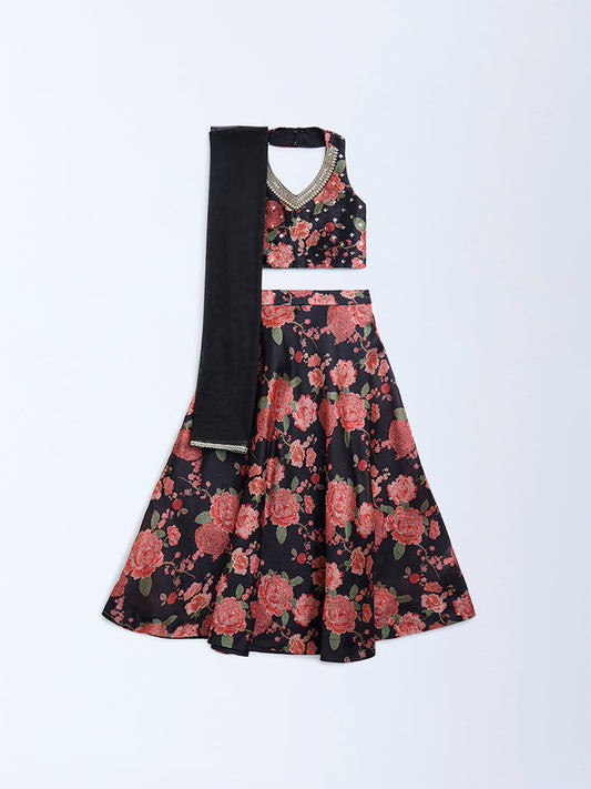 Utsa Kids Black Floral Embroidered Ethnic Set - (2-8yrs)