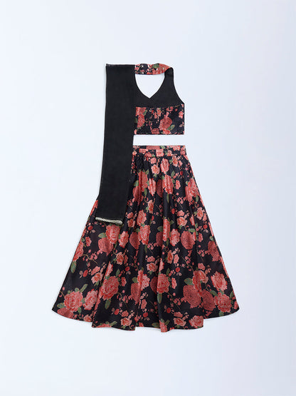 Utsa Kids Black Floral Embroidered Ethnic Set - (2-8yrs)