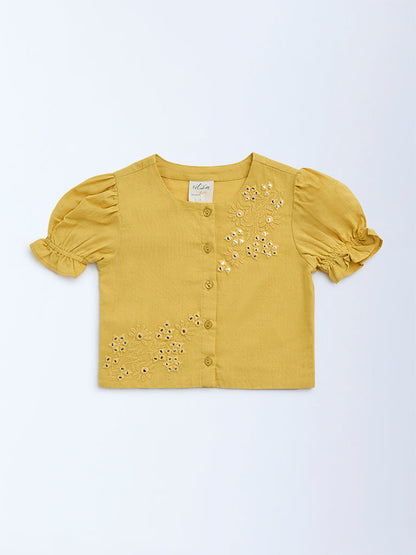 Utsa Kids Yellow Floral Embroidered Cotton Ethnic Top - (2-8yrs)