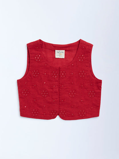 Utsa Kids Red Mirror Embroidered Cotton Waistcoat - (2-8yrs)