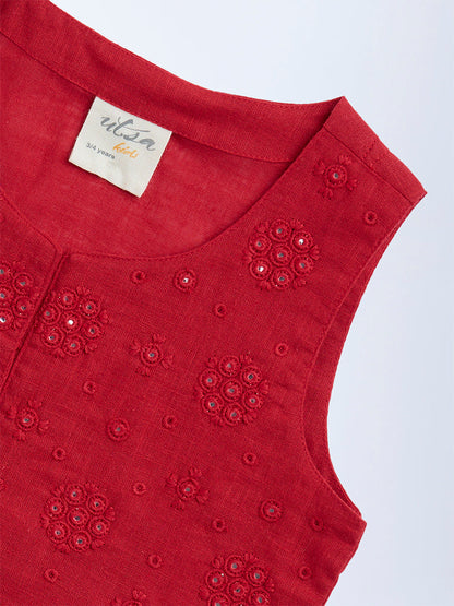 Utsa Kids Red Mirror Embroidered Cotton Waistcoat - (2-8yrs)