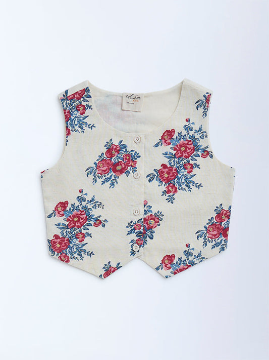 Utsa Kids Off-White Floral Pattern Cotton-Blend Vest Top - (2-8yrs)