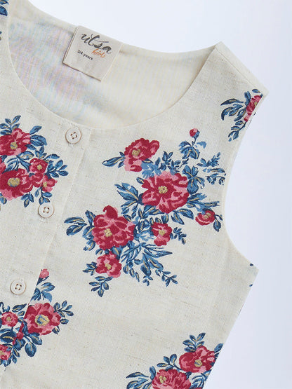 Utsa Kids Off-White Floral Pattern Cotton-Blend Vest Top - (2-8yrs)