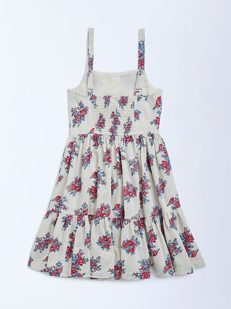 Utsa Kids Off-White Floral Design Cotton-Blend Tiered Dress - (8-14yrs)